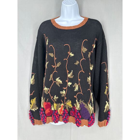 Vintage Sweater Women Small Black Grapes Fruit Handknit Cottagecore Cabin Floral - Picture 1 of 8